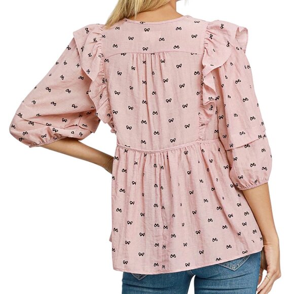 Pink Blouse with Black Bow Detailing Tie Neck Workwear Top Blouse - Picture 3 of 3